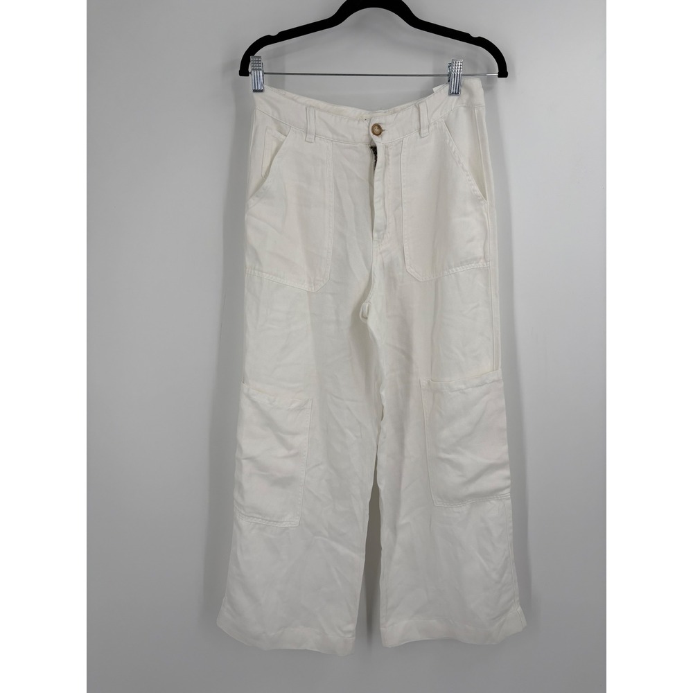 Acquaverde Paris Sander White Tencel Linen Wide Leg Utility Cargo Pants Size 24